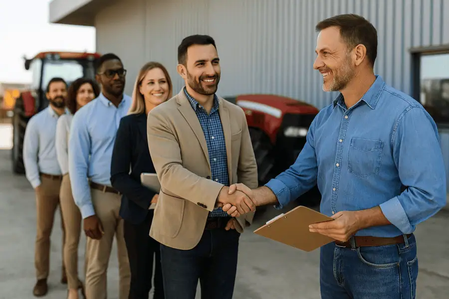 A photo-realistic image of an agricultural equipment dealer standing outside his dealership while several marketing professionals in business casual clothing line up to pitch their services. The scene visually represents the challenge of choosing the right marketing partner for ag businesses.