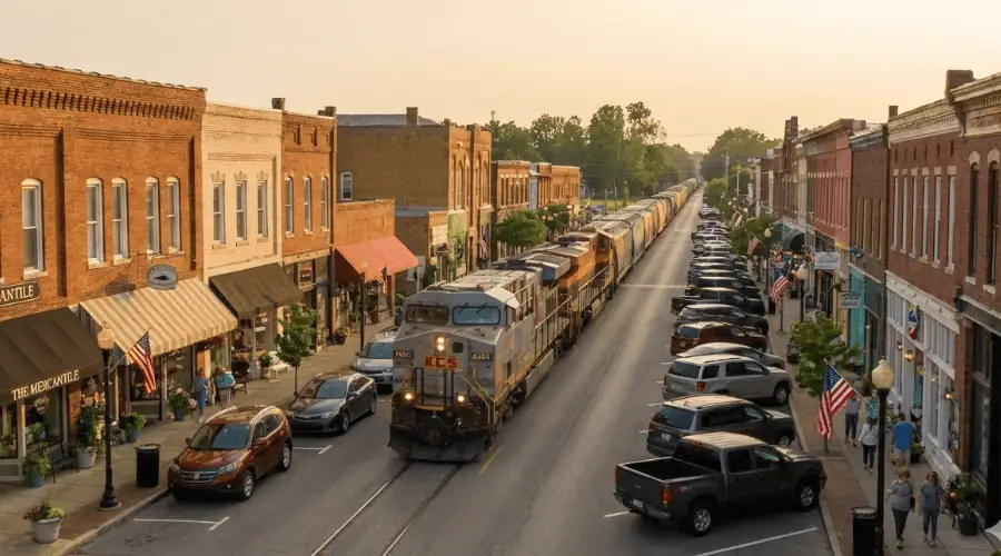 Downtown LaGrange Oldham County Kentucky main street local businesses. AI Generated