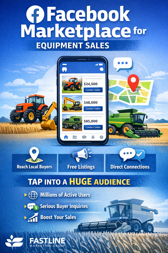 Vertical graphic showing farm and construction equipment listed on Facebook Marketplace through a bulk listing tool, with a smartphone displaying equipment listings and icons representing local reach and buyer messages.