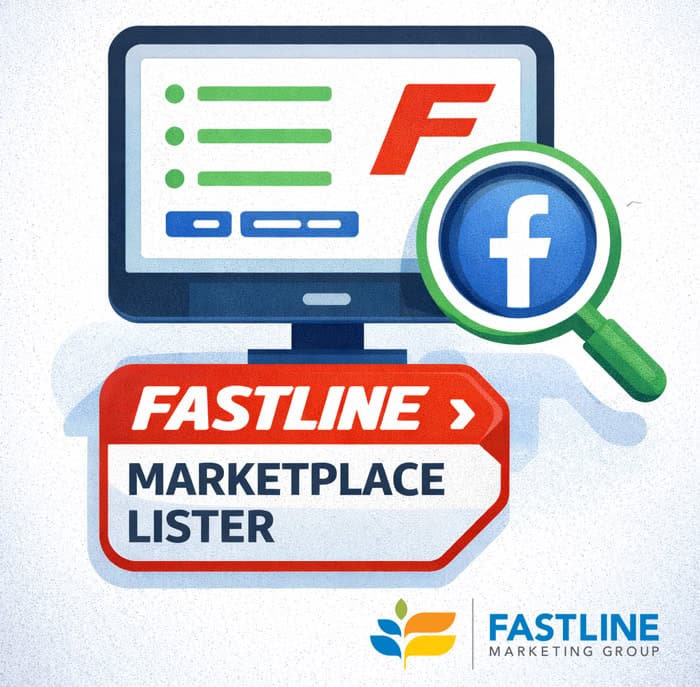 Icon showing a computer screen connected to Facebook Marketplace, representing the Fastline Marketplace Lister tool for bulk equipment listings.