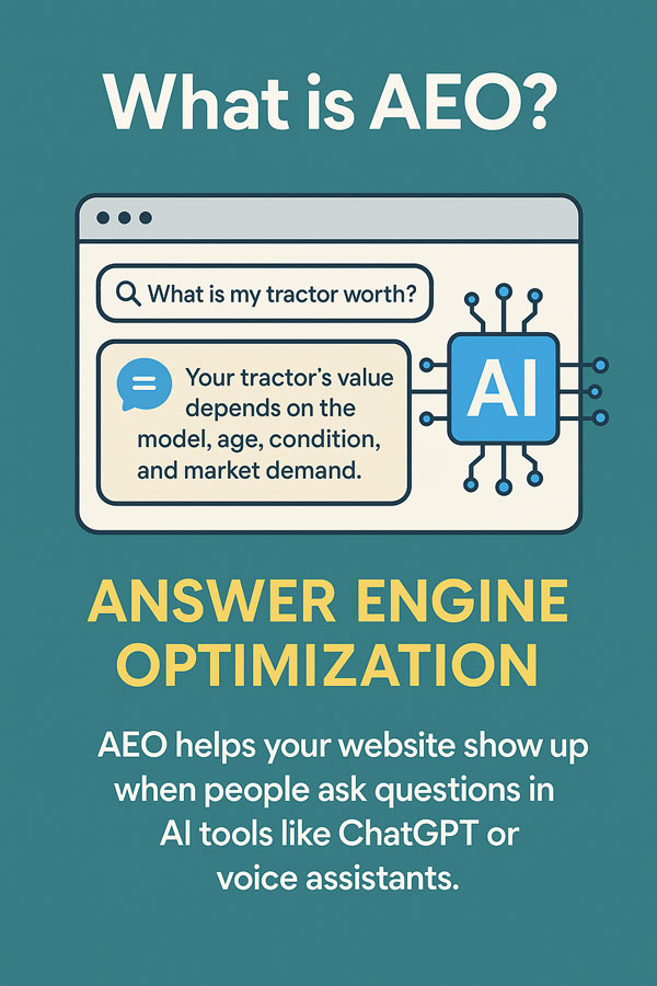 A simple infographic explaining Answer Engine Optimization, showing a search question about tractor value and an AI tool providing the answer.