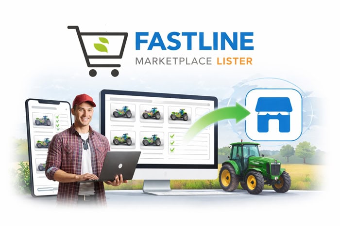 Fastline Marketplace Lister dashboard showing farm equipment listings being posted from dealer inventory to Facebook Marketplace
