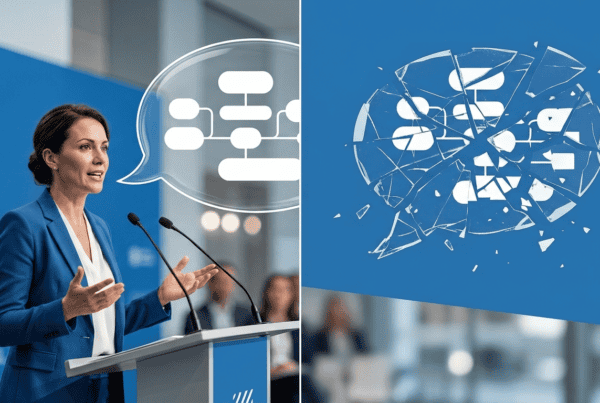 A split-screen conceptual image about communication on a dark navy blue background. The left side shows a photograph of a woman in a blue blazer at a podium, speaking into microphones. Above her is a clear, flowing bubble containing a white, complex but organized flowchart. The right side displays the same complex flowchart, but contained within a speech bubble shape made of broken, shattered white glass fragments and shards.