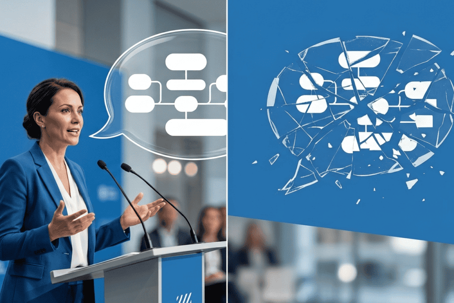 A split-screen conceptual image about communication on a dark navy blue background. The left side shows a photograph of a woman in a blue blazer at a podium, speaking into microphones. Above her is a clear, flowing bubble containing a white, complex but organized flowchart. The right side displays the same complex flowchart, but contained within a speech bubble shape made of broken, shattered white glass fragments and shards.