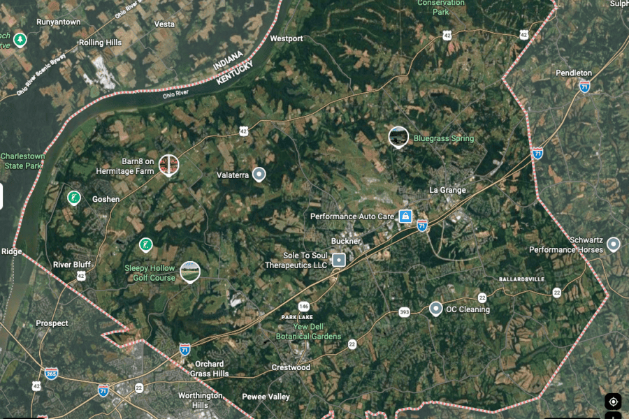 Screen shot from google maps of Oldham County in Kentucky. Full Color.